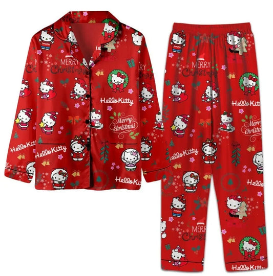 Sanrio Christmas Hello Kitty Casual Pajama Girls Y2k Home Pajamas Set Kawaii Women'S Printed Kt Cat Pants Long Sleeve Gift