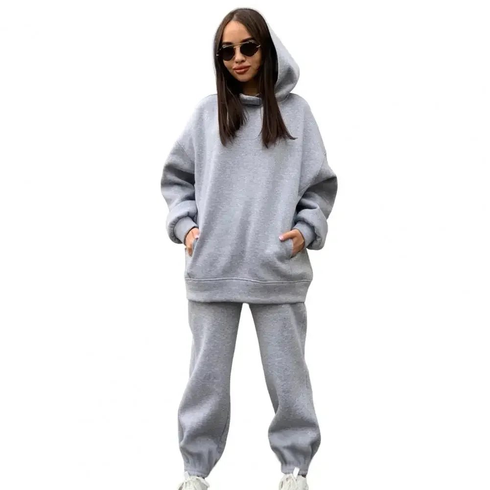 Maxy Winter Tracksuit Women Two Piece Set Solid Warm Suits Hoodies Sweatpants Oversized Pullovers Long Pant Sportswear