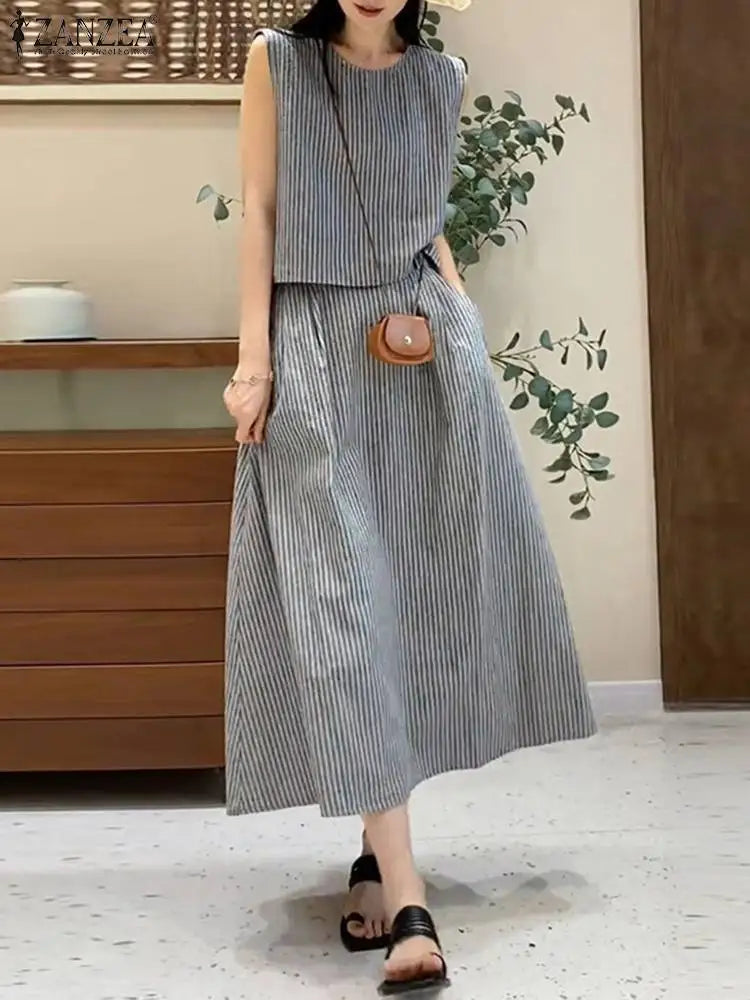 Maxy 2PCS Women Elegant Matching Sets ZANZEA Summer Sleeveless Blouse Dress Sets 2pcs Holiday Outfits Fashion Work Tracksuits