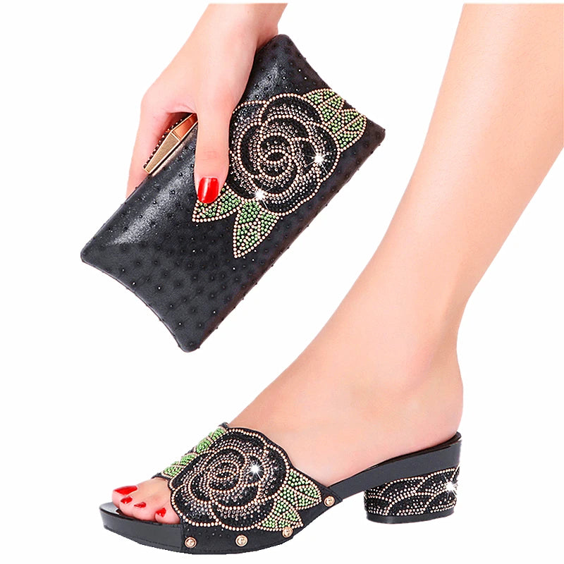 Maxy Women Flat Heel Diamond Shoes Rhinestone Flat plus size Stone Slippers Rhinestone Clutch Bag Size 38-44 Shoes and Bag suit