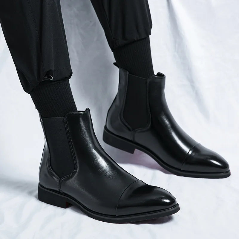 Visco Classic Black Men's Leather boots Comfortable High Top Pointed-Toe Slip-on Dress Shoes Man High-Quality Big Size 46 Chelsea boots