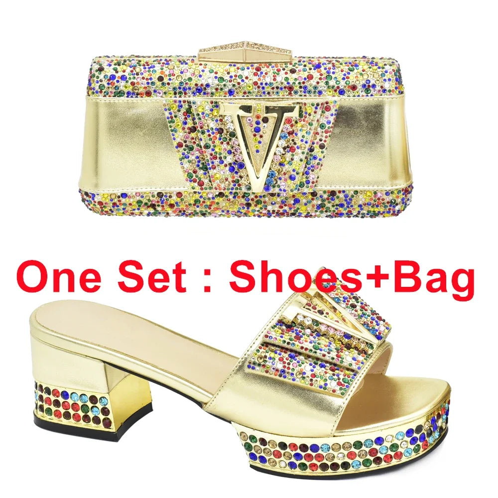 Maxy Ladies Shoes and Bags To Match Set Decorated with Rhinestone Shoes and Matching Bags Set Slip on Shoes for Women