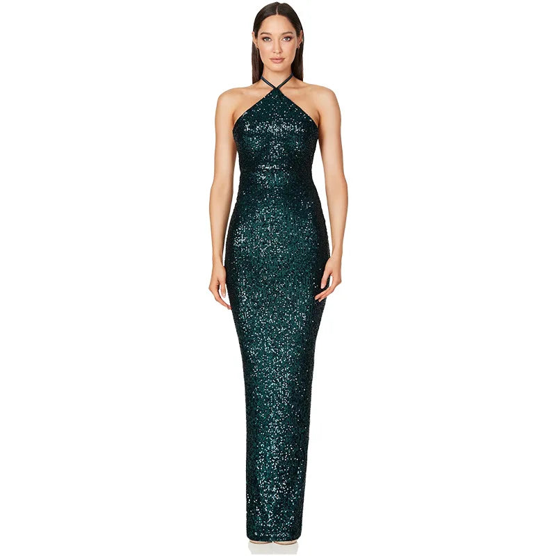 Maxy Lower Split Elegant Dress Women For Wedding Party Cocktail Prom Dress Sequin Neck Hanging Sexy Long Formal Evening Dresses Hxy9