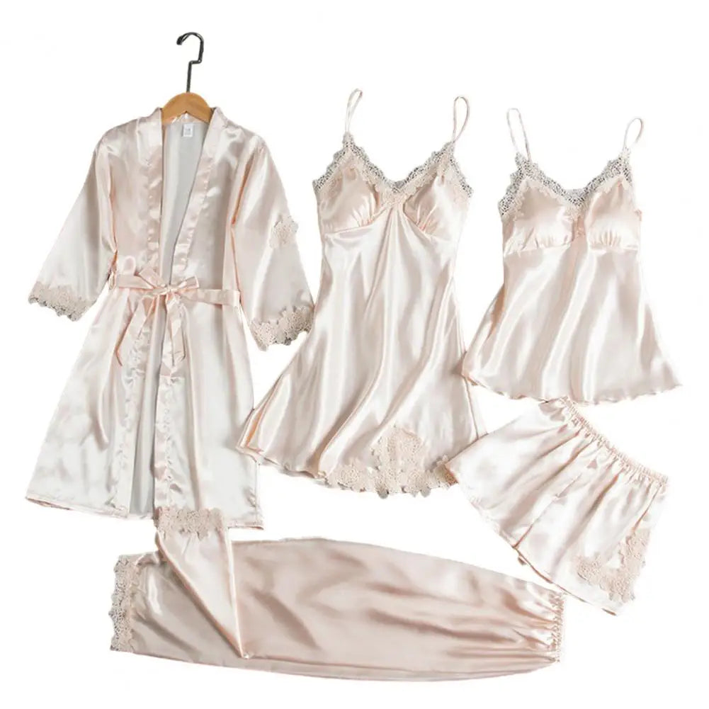 Silk Pajama Set Elegant Satin Lace Pajama Set with Lace-up Waist 5-piece Women's Nightwear Set Silky Nightgown with Top Shorts