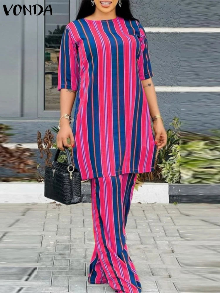 Maxy Women Pants Sets Summer Matching Sets Vintage Striped Suits Casual Loose Half Sleeve Tops and Pants Oversized
