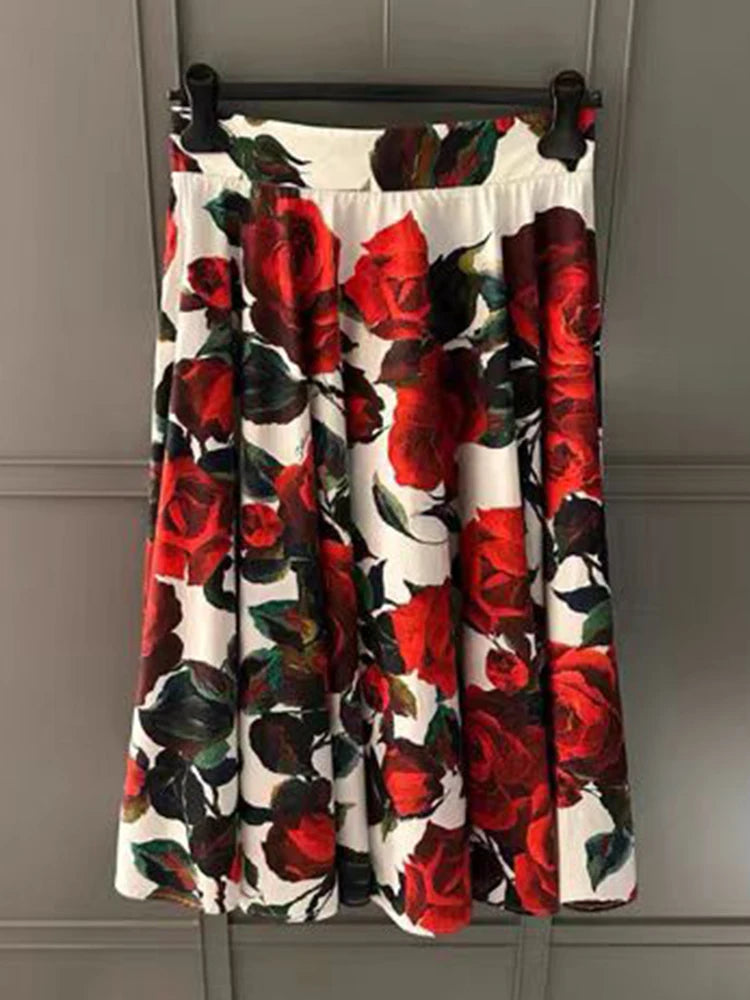 Maxy Two-piece retro printed strappy cinched straight shirt set for autumn women's wear + high-waisted pleated loose skirt set