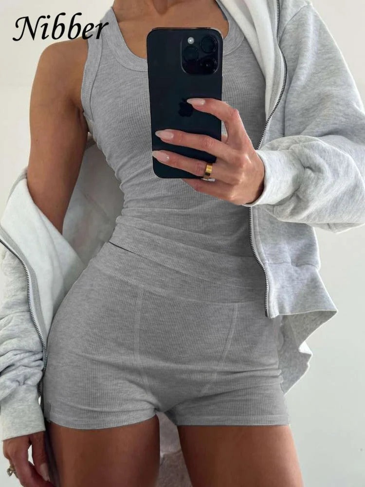 Maxy Nibbler Ribbed Casual 2 Piece Set Women Tracksuit Sporty Square Collar Tank Tops+Shorts Suit Streetwear Simple Matching Outfits
