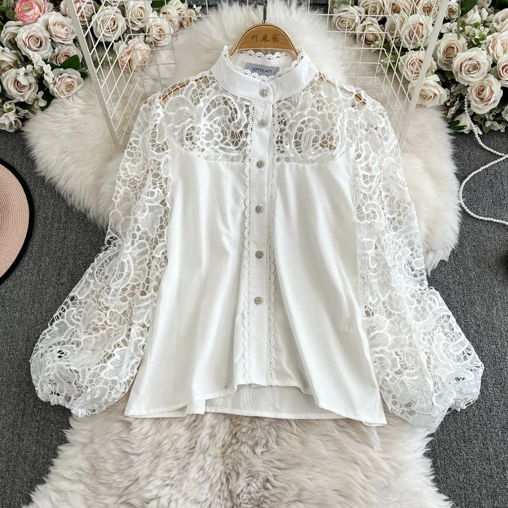 Maxy French Style Suit for Women's Fashion with Hollowed Out Hook Flower Lace Lng Sleeves Shirt+high Waisted A-line Skirt