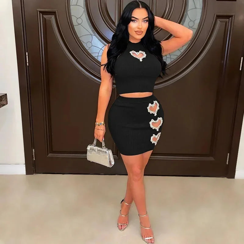 Amay Diamond Love Hollow Out Knit Ribbed 2 Piece Set Women Clothing Sleeveless Crop Top + Mini Skirt Night Club Outfits Matching Sets