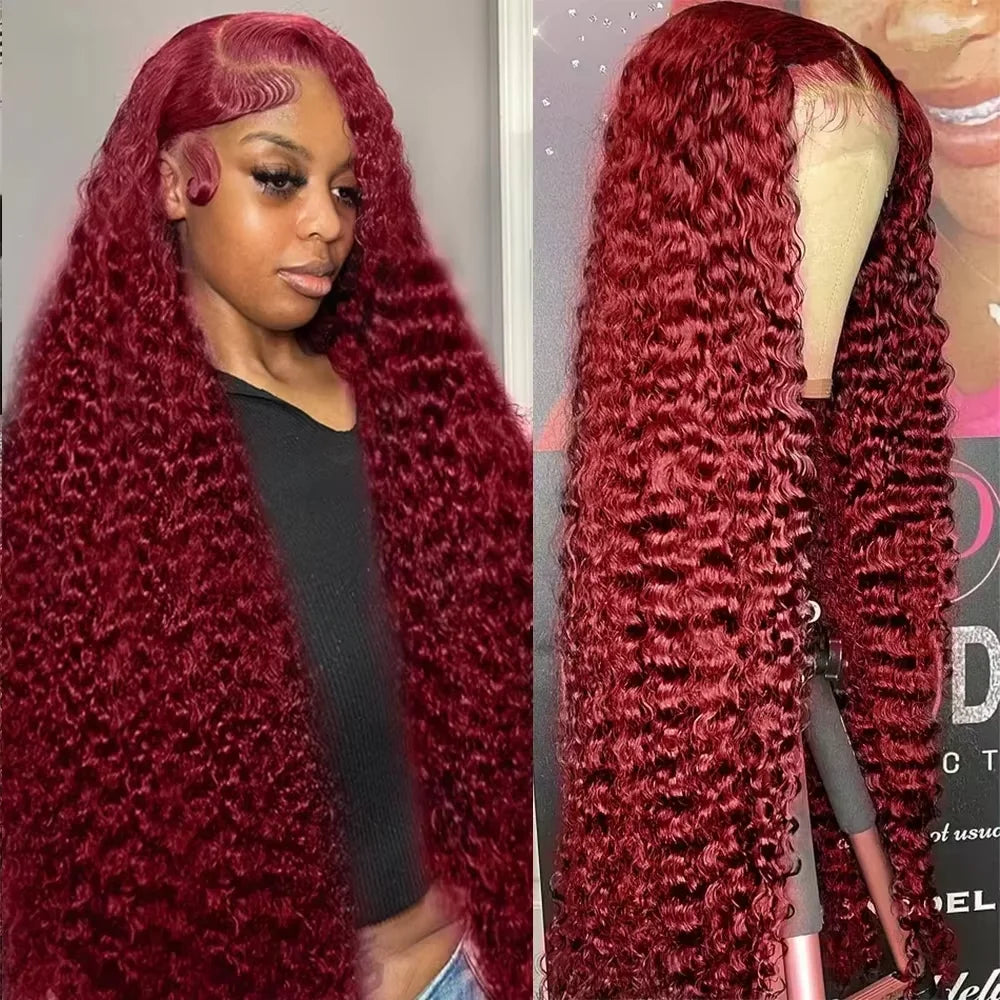 Maxy 46 Inch Deep Wave High Density 99j Burgundy 13x6 Lace Frontal Human Hair Curly Wig Red Colored 13x4 HD Lace Front Wig For Women