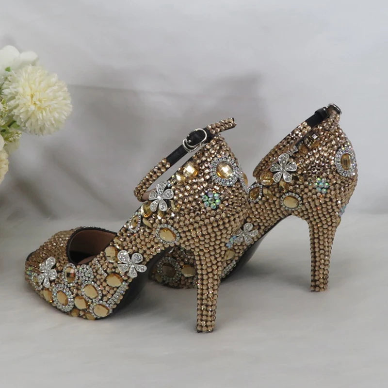 Momsey Peep Toe crystal Woman wedding shoes with matching bags Bridal fashion High Thick heel shoe Women party dress shoes Ankle Strap