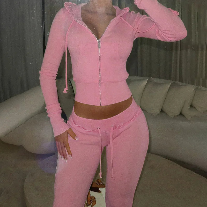 Maxy 2 Two Piece Lounge Set Women Clothing Elegant Tracksuit Drawstring Hoodie Zip Crop Jacket and Flared Pants Outfit Matching Sets