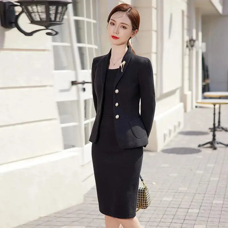 Maxy New Autumn Work Wear Women's Suit Elegant Solid Blazer +Sleeveless Dress 2 Piece Set Single Breasted Jacket Plus Size S-5XL