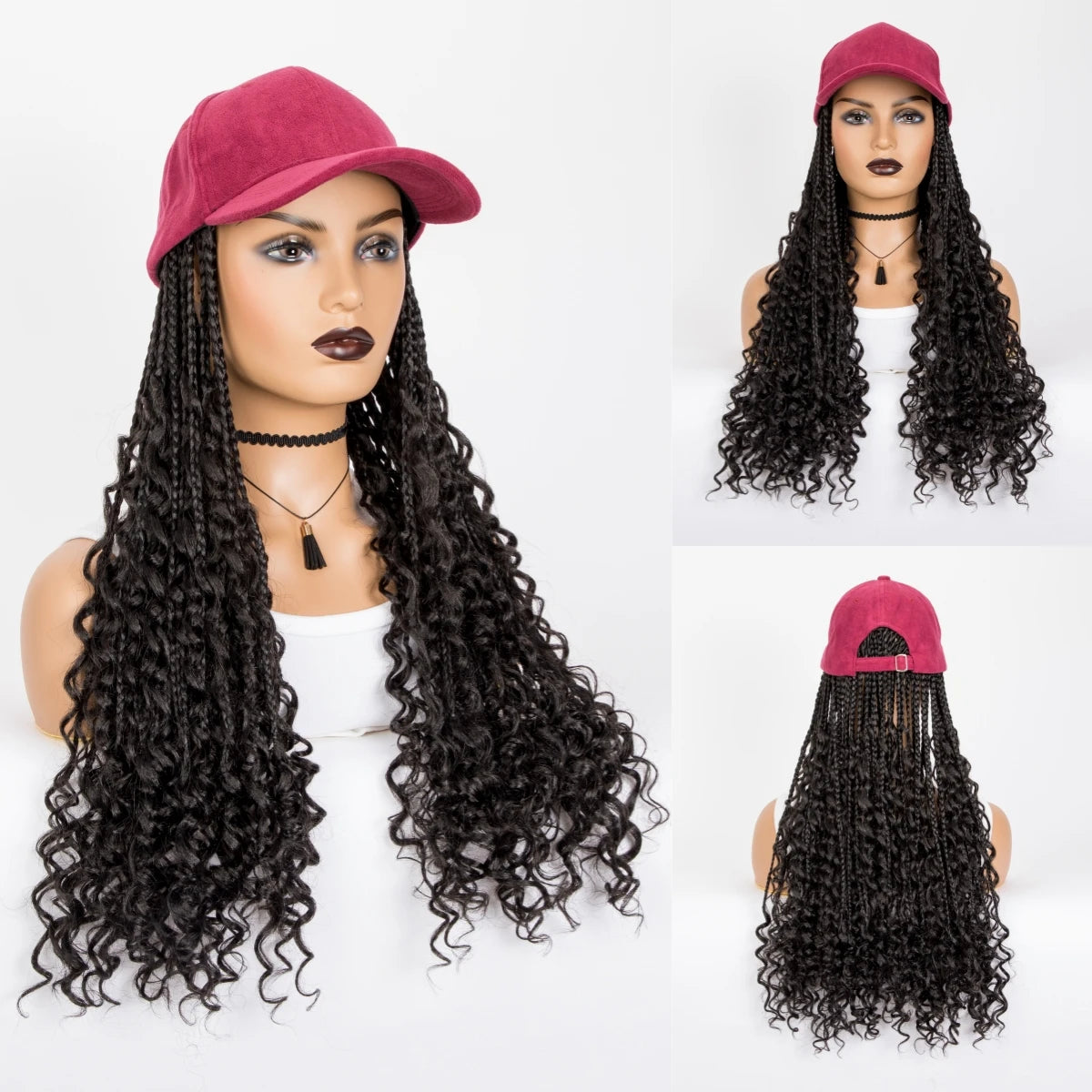 Maxy 20 Inch Black Long Synthetic Ombre Boho Box Braiding With Baseball Cap With Braids Hair Extensions Curly Wigs For Women