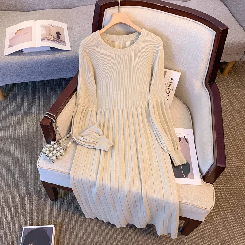 Maxy Women Basics Long Sleeves Elegant O-neck Casual Loose Knitted Sweater Long Dresses Office Lady Autumn Winter Plus Size Clothing