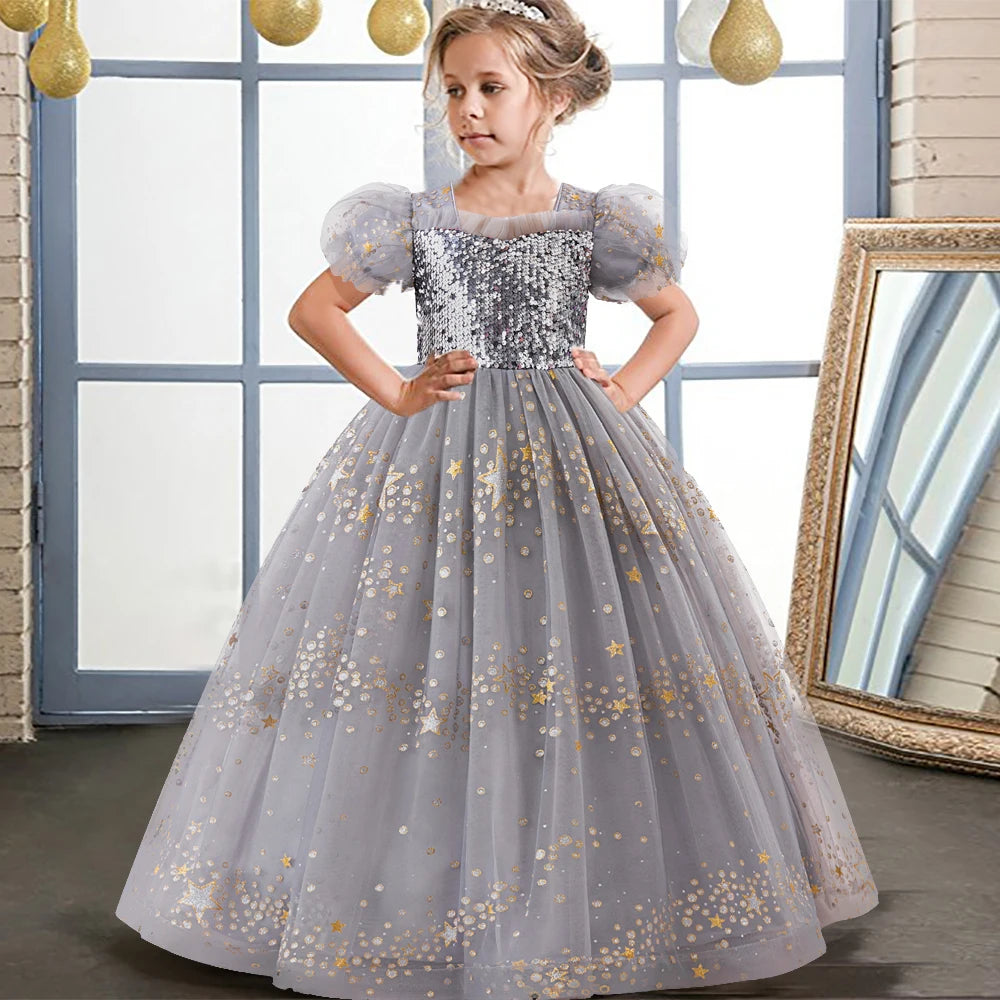 Christmas Formal Occasion Children's Long Sequined Princess Dress Pageant Girl Host Gala Evening Ceremony Performance Costumes