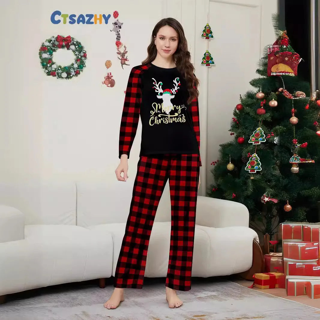 Maxy new autumn Christmas family suit, family pajamas set, round neck red and black check cute deer print long sleeve home suit