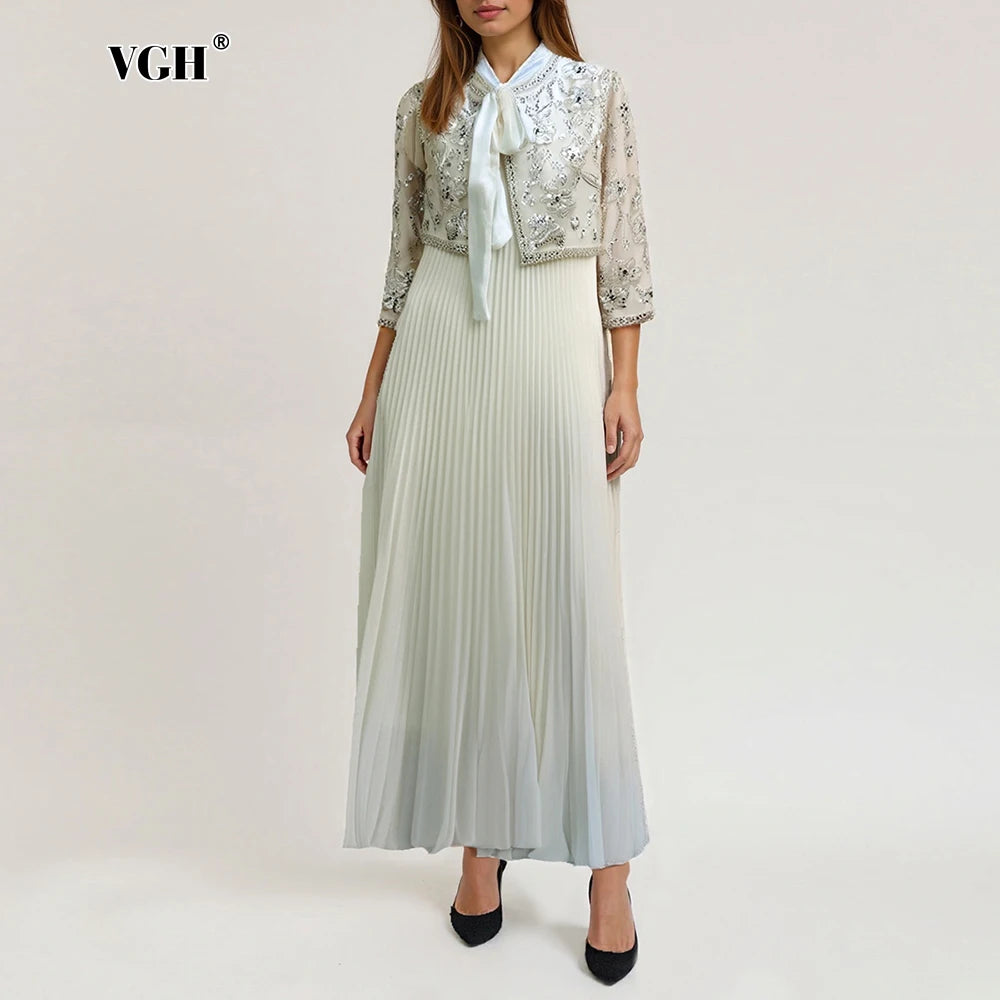 Maxy Luxury Two Piece Set for Women O Neck Short Cardigan Spliced Embroidery Scarf Collar Maxy Dress Office Lady Suit Female New