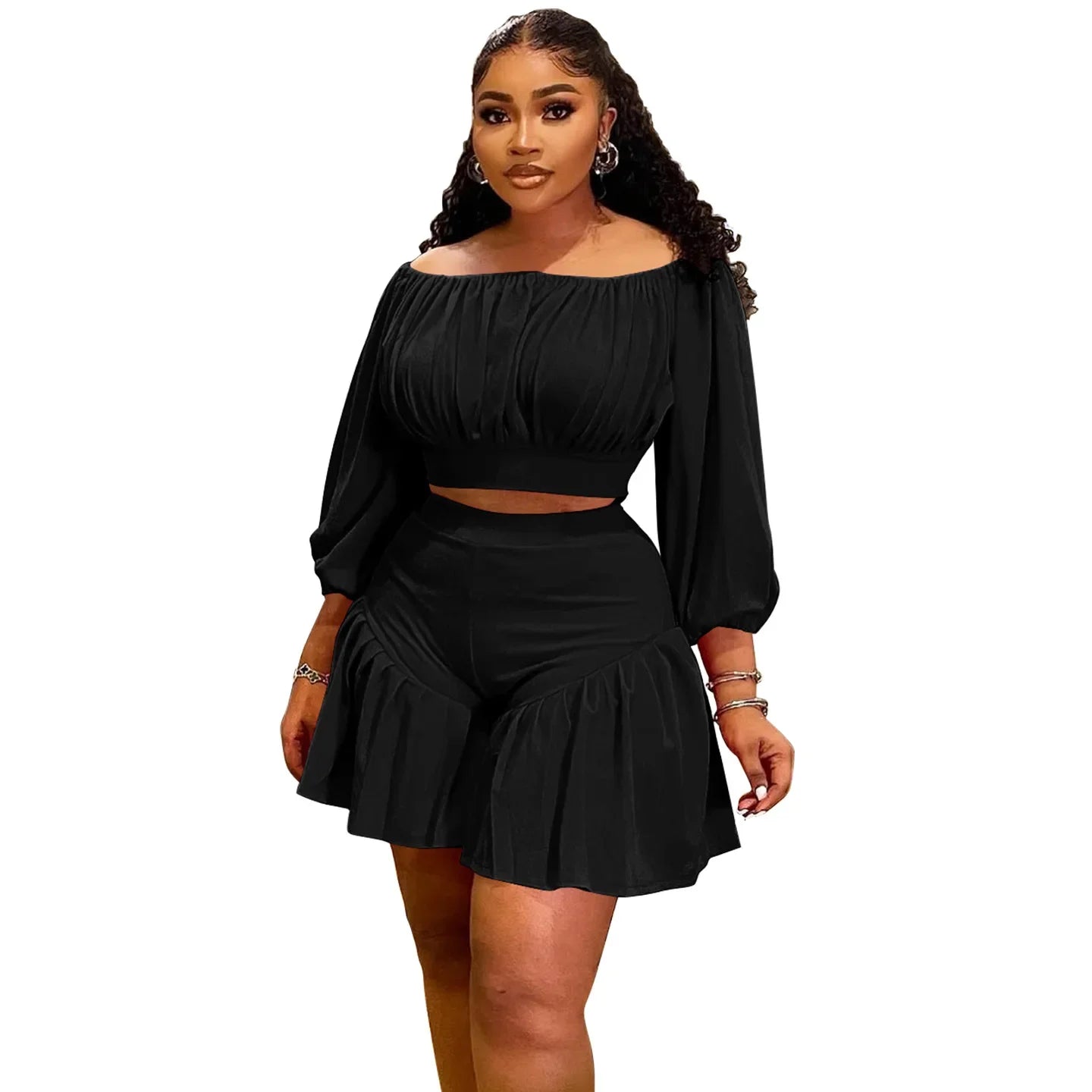 Maxy Customized Plus Size Women's Set Long Sleeve Slash Neck T-Shirt and Shorts 2025 Summer Ruched Two 2 Piece Set Outfits Tracksuit