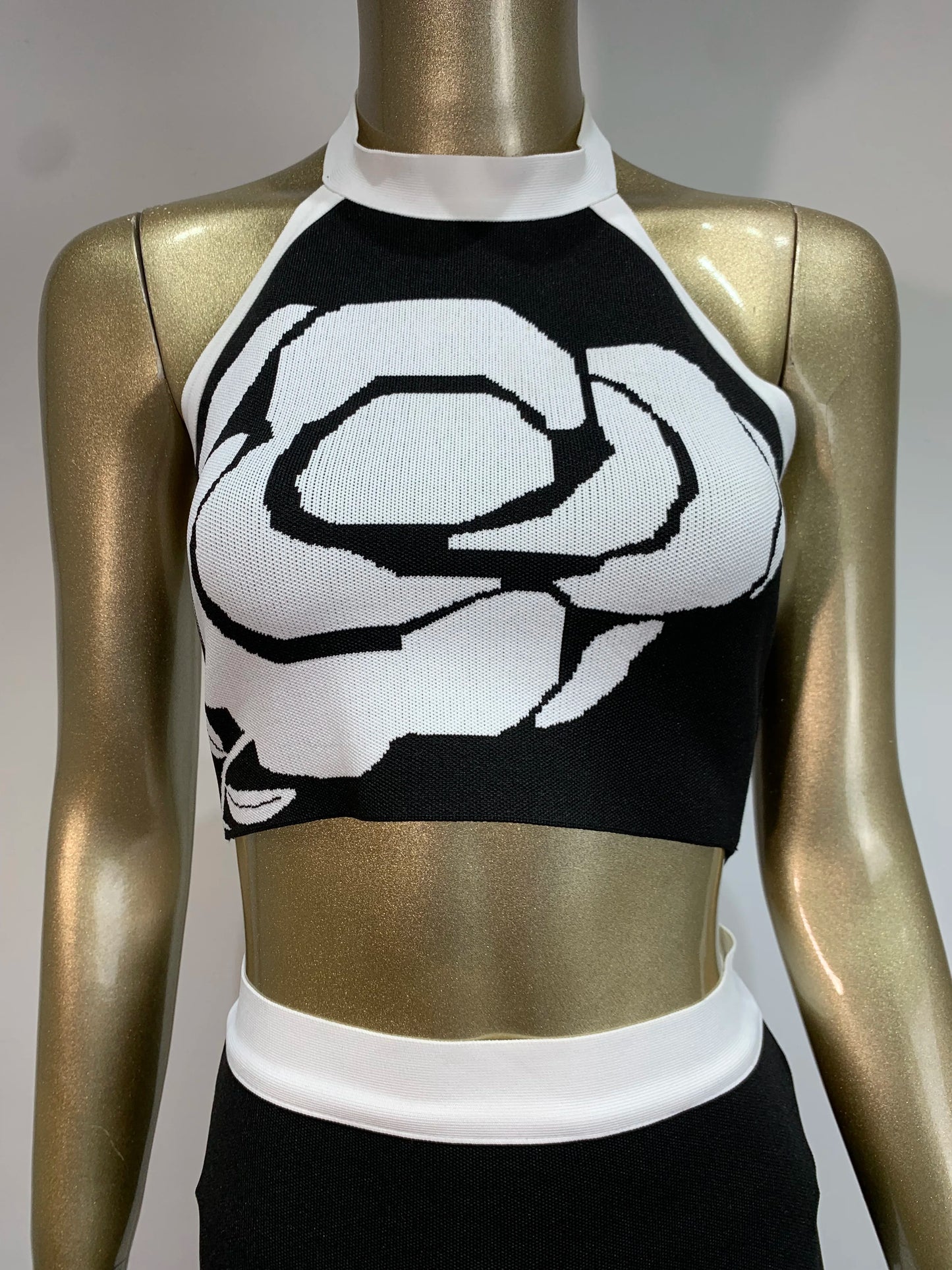 Maxy Women Summer Sexy Backless Halter Rose Jacquard Black Two Pieces Skirt Bandage Set 2024 Celebrity Designer Fashion Women's Set