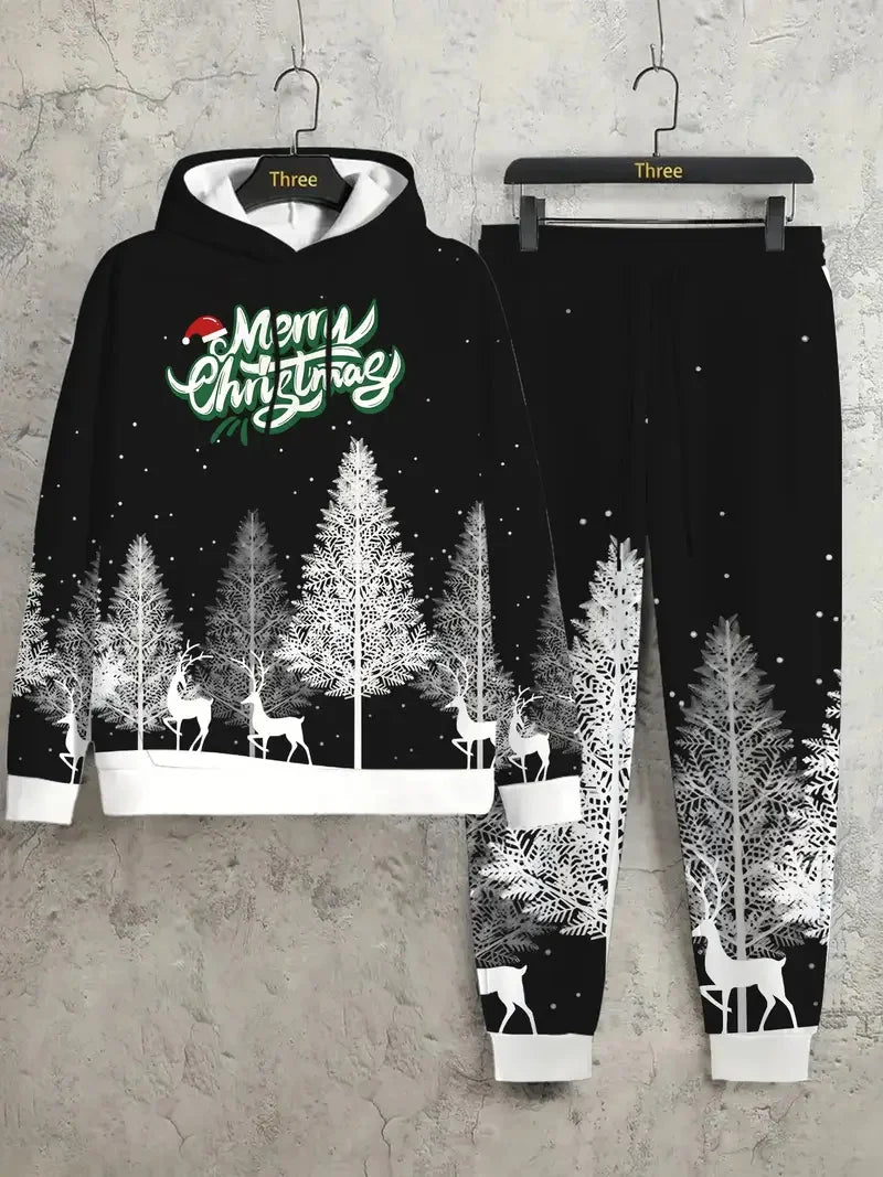 Maxy Fashion Christmas Style Hoodies Pants Sets 3D Print Santa Clause Graphic Men's Two Piece Tracksuit Loose Casual Festival Clothes