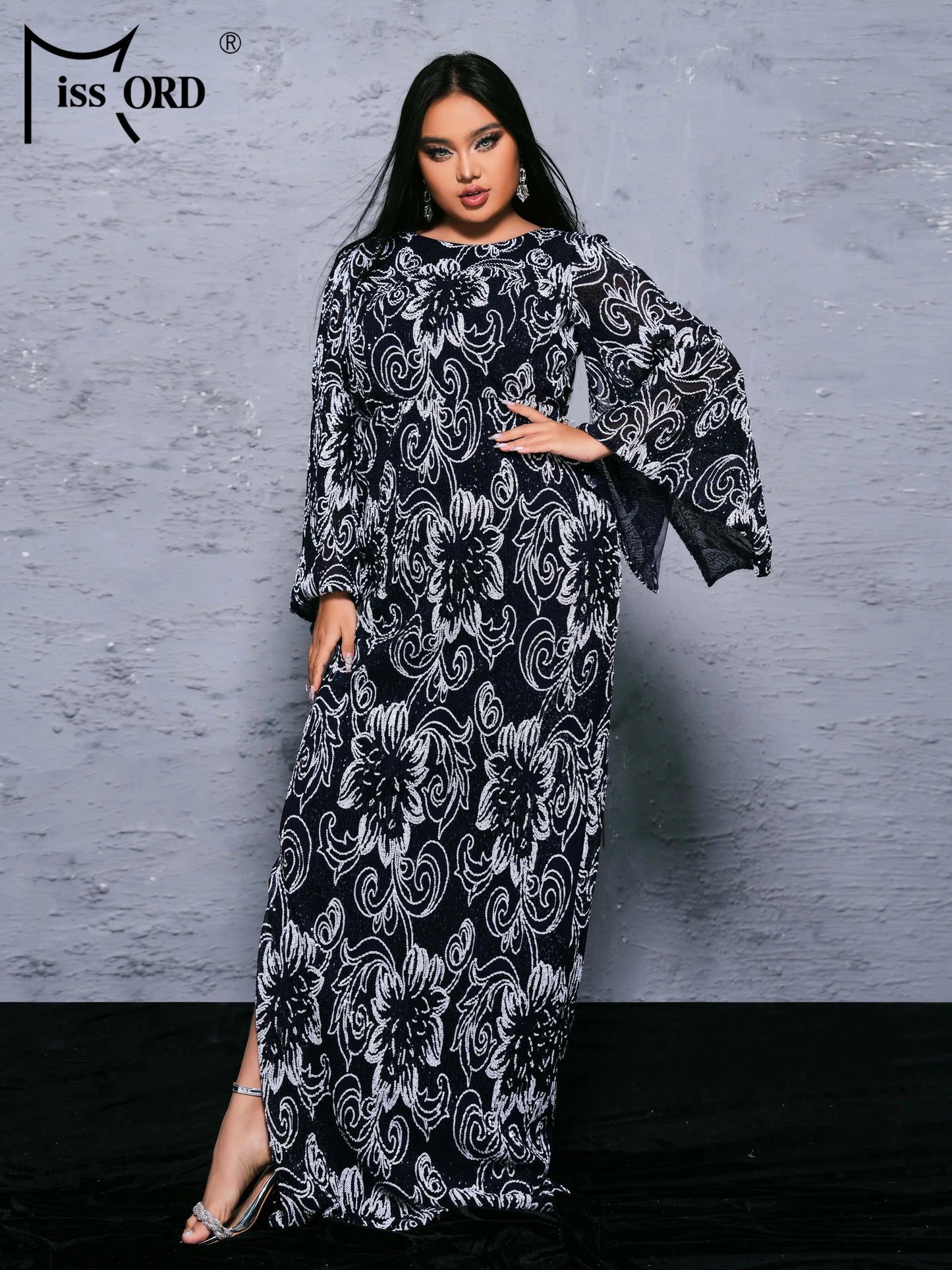 Momsey Plus Size 4XL Elegant Long Dress Women Summer Sequin Maxy Flare Sleeve Ruffled Loose Casual Robe Party Vestidos