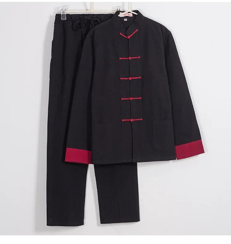 Maxy Traditional Chinese Style Men Cotton Linen Tops Pants Hanfa Tang Suit Kung Fu Tai Chi Uniform Oriental Fashion Clothing Sets