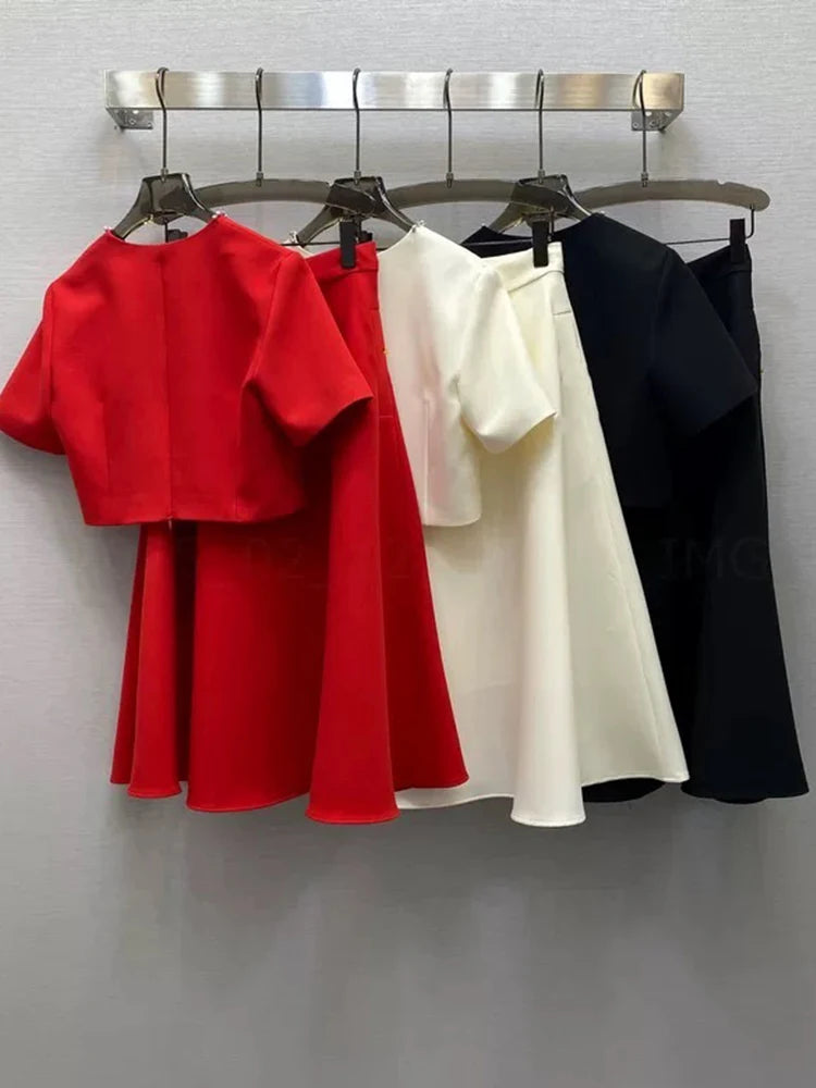Maxy  Temperament spring new nail drill V-neck short-sleeved blouse+high waist A-shaped skirt elegant female two-piece suit