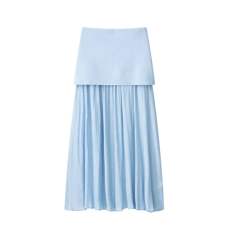 TRAFZA Women 2 Piece Set V-Neck Sleeveless Button Knitted Vest Top+Elegant Splicing High Waist Zipper Long Skirts Holiday Suits