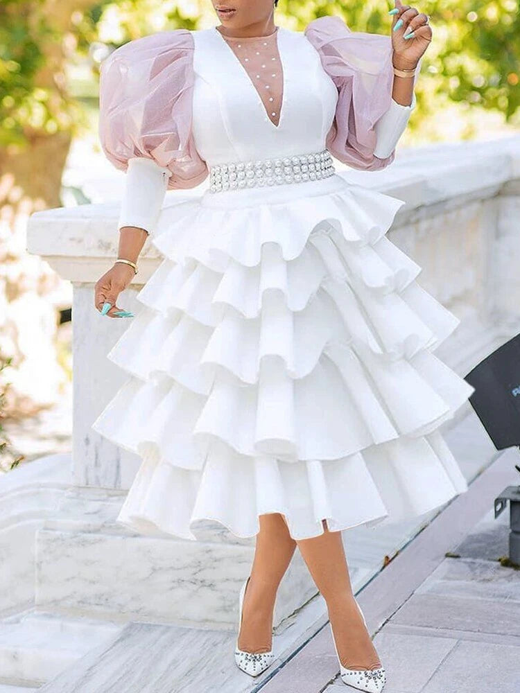 Sweet Elegatn White Party Dress for Woman Layered Ruffle Puff Sleeve Tulle Patchwork Beading Celebrate Evening Wedding Ball Gown