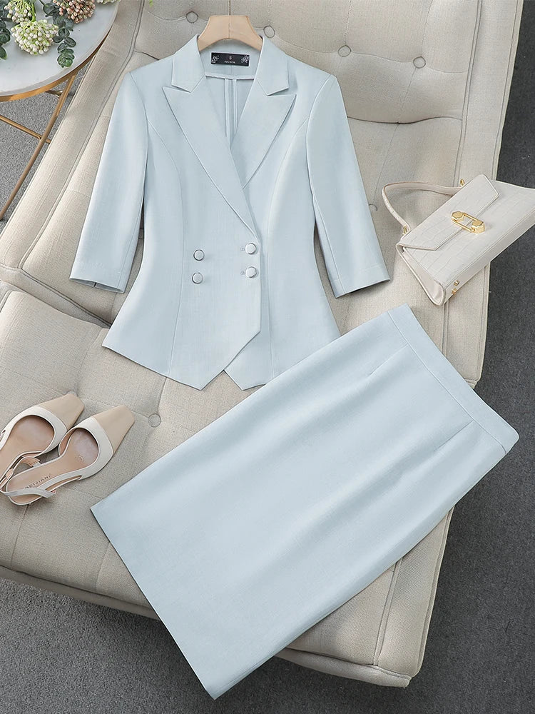 Maxy Fashion Women Formal Blazer Skirt Suit Ladies Blue Apricot Pink Female Two Piece Set For Spring Summer