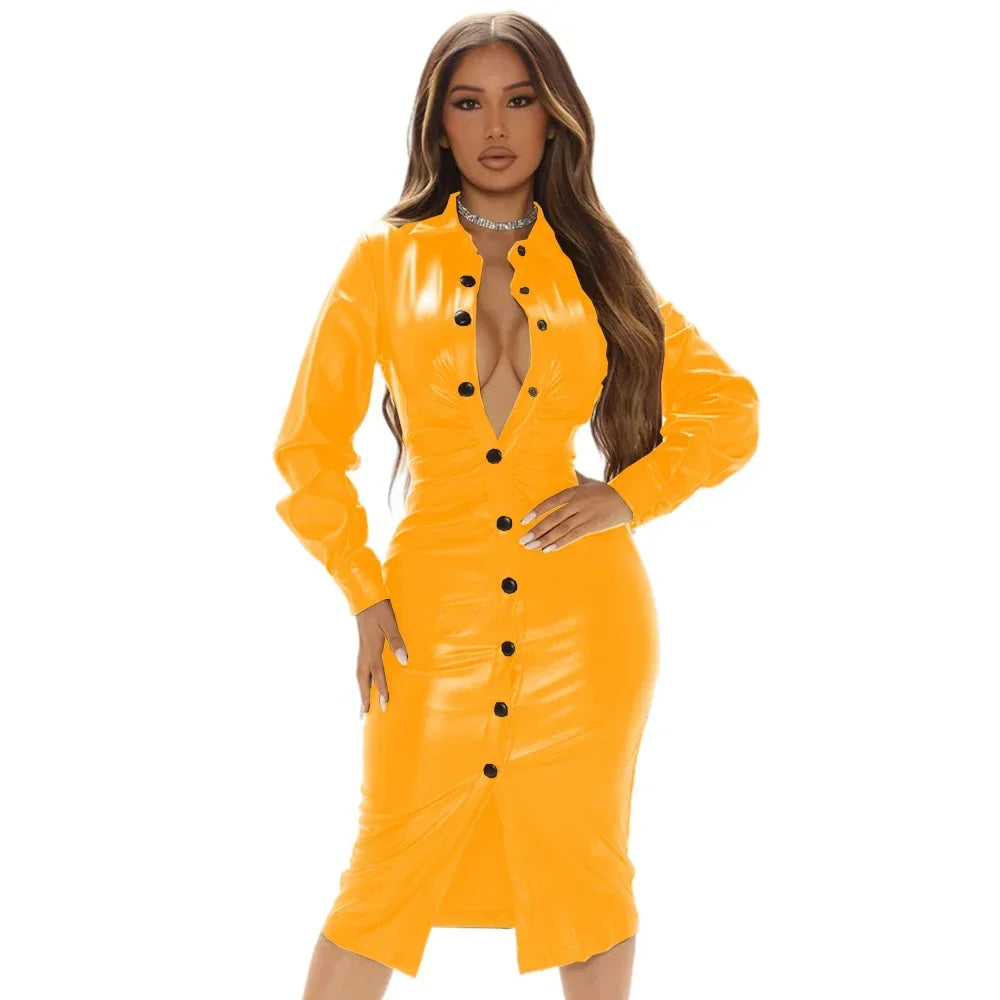Maxy Plus Size Office Ladies Long Sleeved Dress Matte PU Leather Solid Color Lapel Button-Up Midi Dress Chic Elegant Women's Dresses