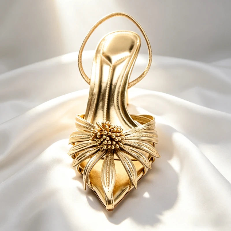 Maxy Luxury Gold Floral Detail Slingback Heels Women Unique Laminated Effect Design Pointed-Toe Heel Sandals Elegant Party Dress Shoe