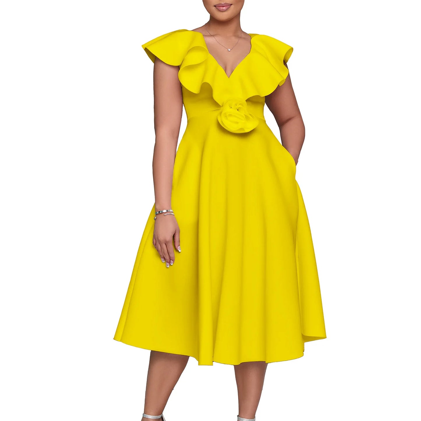 Maxy Elegant Dress Women for Wedding Party Summer Sleeveless V-neck Polyester Midi Dress Outfits Dashiki African Clothes