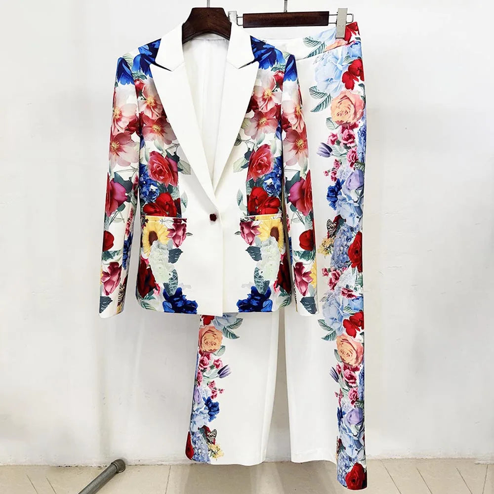 Maxy Formal Printing Two Piece Set for Women Lapel Long Sleeve Spliced Chic Botton Blazer High Waist Pant Suit Female Clothing
