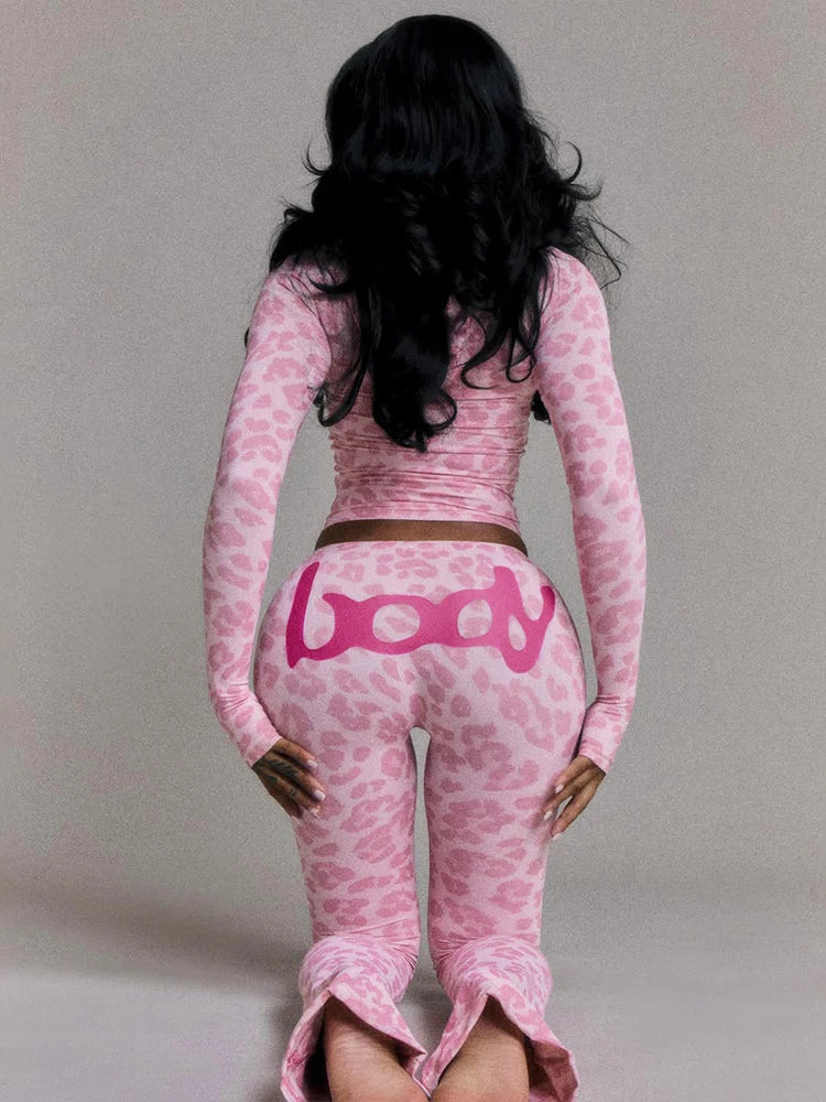 Maxy Weird Puss Leopard Print 2 Piece Set Women Tracksuit Letter Zip Hooded Crop Jacke+Leggings Matching Casual Sporty Street Outfits