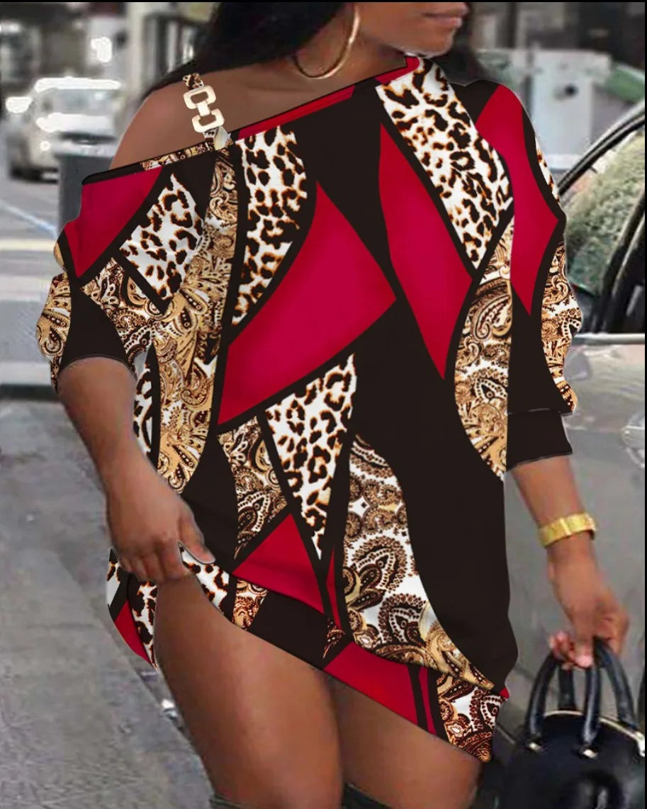 Maxy Autumn Women's Printed Mini Dress, Loose Fit Hollow Out Long Sleeve Party Club Dress