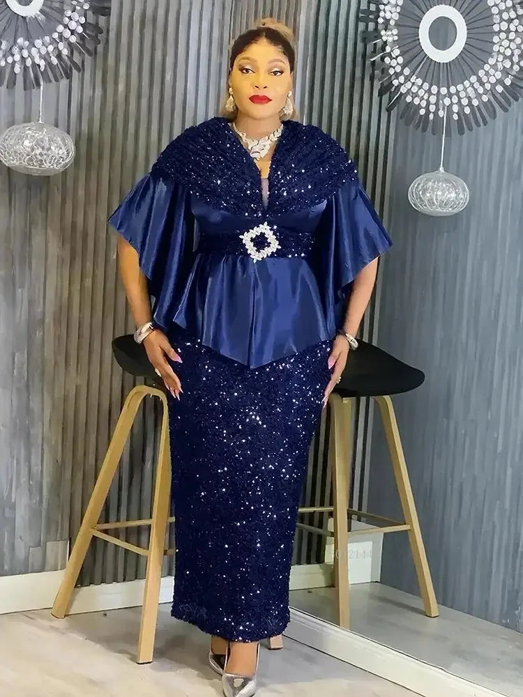 Maxy Elegant African Party Dress for Women plus Size Dashiki Sequin Bodycon Long Gown with Slit Turkish Muslim Wedding Evening Wear