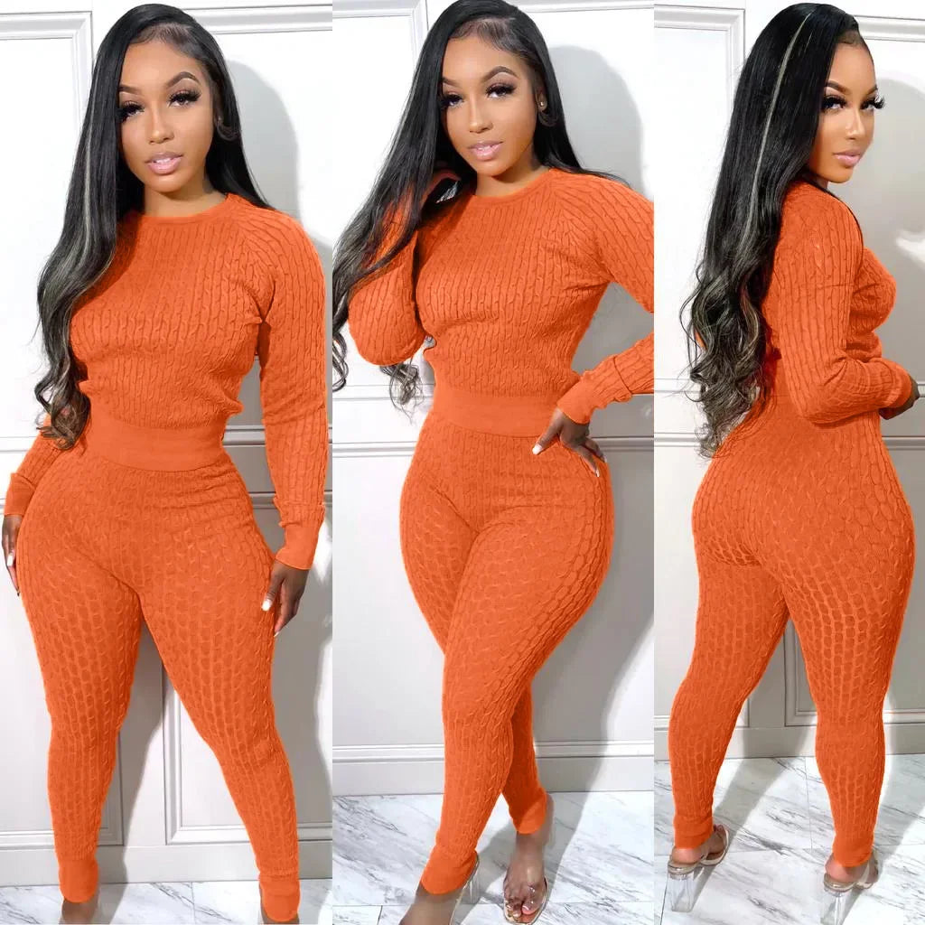 Maxy Women Fashion Weave Two 2 Piece Set Outfits Street Autumn Winter Sweater and Knit Pants Suit Active Tracksuit