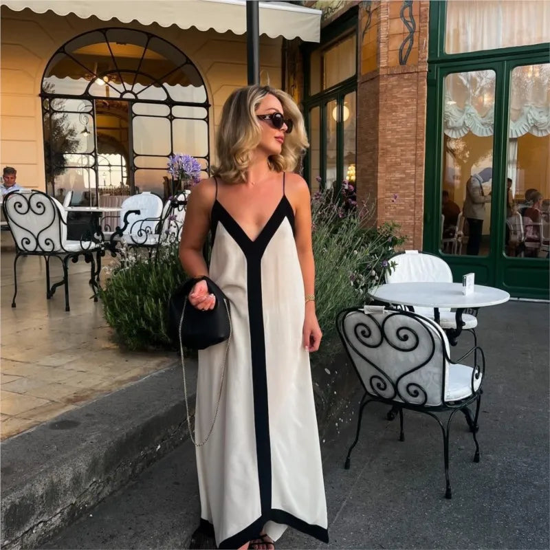 Maxy New Patchwork Sling Dress Women Sexy Summer V-neck Midi Beach Dresses Female Backless Sleeveless Vacation Long Dresses