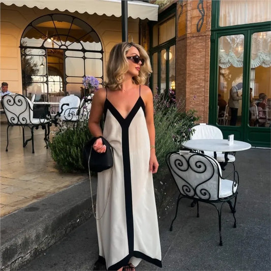 Maxy New Patchwork Sling Dress Women Sexy Summer V-neck Midi Beach Dresses Female Backless Sleeveless Vacation Long Dresses