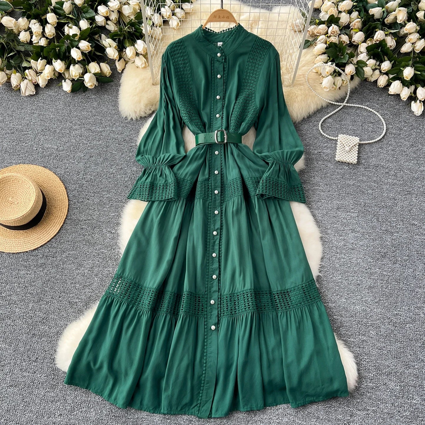 Maxy Retro Elegant Summer Stand Collar Flare Sleeve Single Breasted Lace Spliced Dress A-line French Evening Party Women Dresses