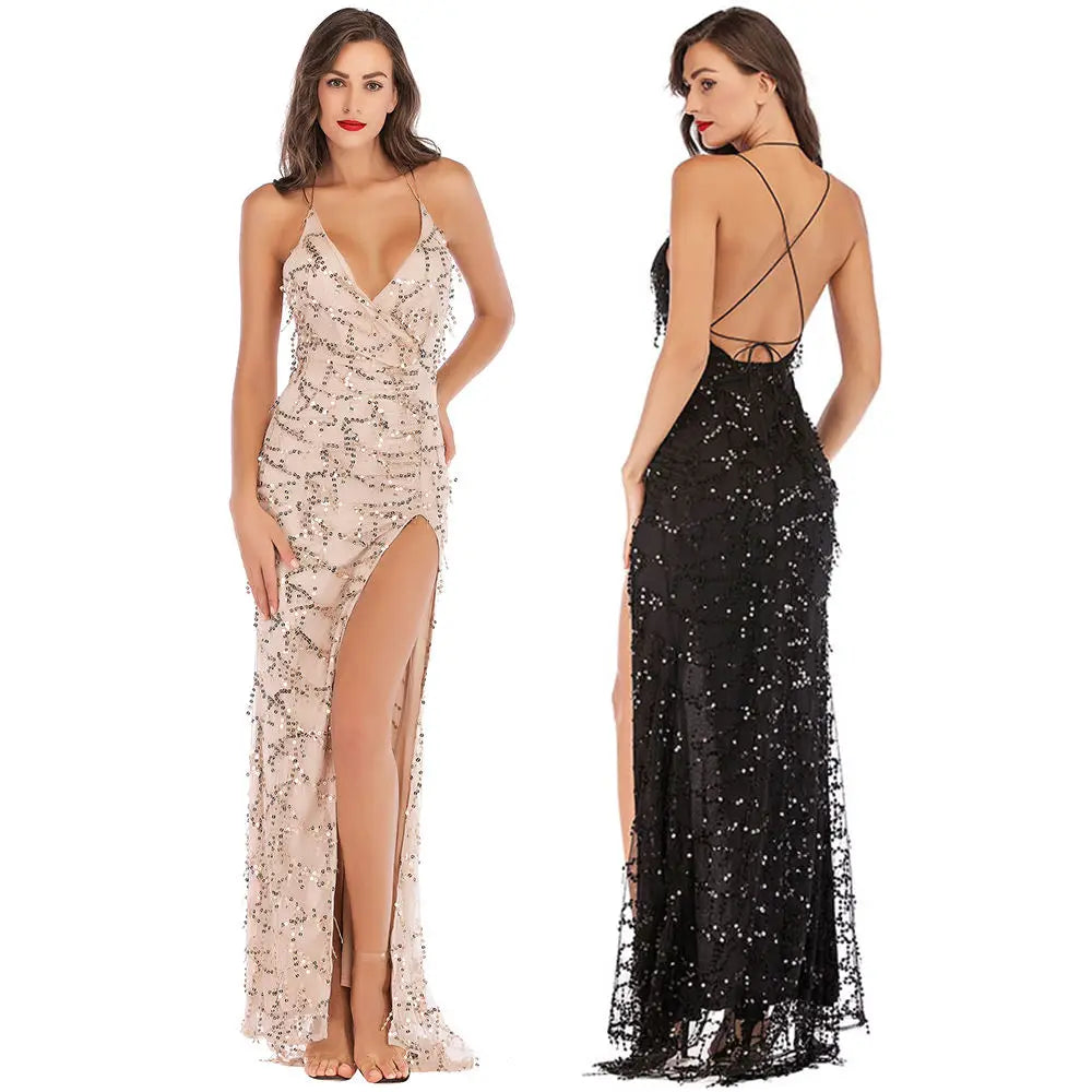 Amay Women Sequin Deep V-neck Party Dresses High Split Spaghetti Strap Long Gowns Women Evening Dress Prom