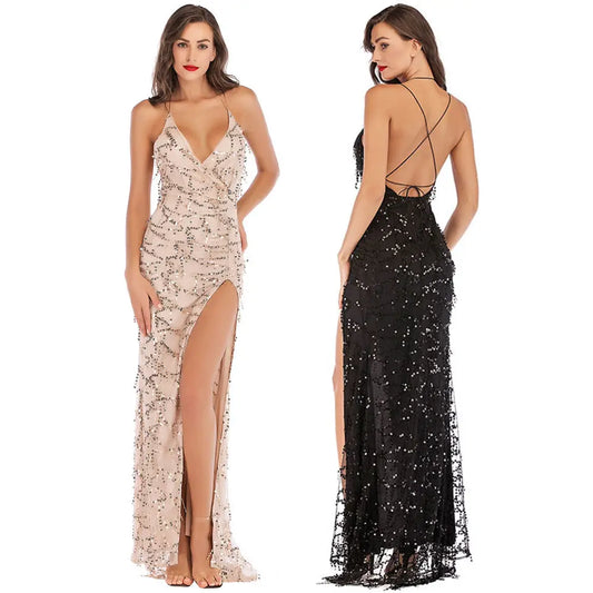 Amay Women Sequin Deep V-neck Party Dresses High Split Spaghetti Strap Long Gowns Women Evening Dress Prom