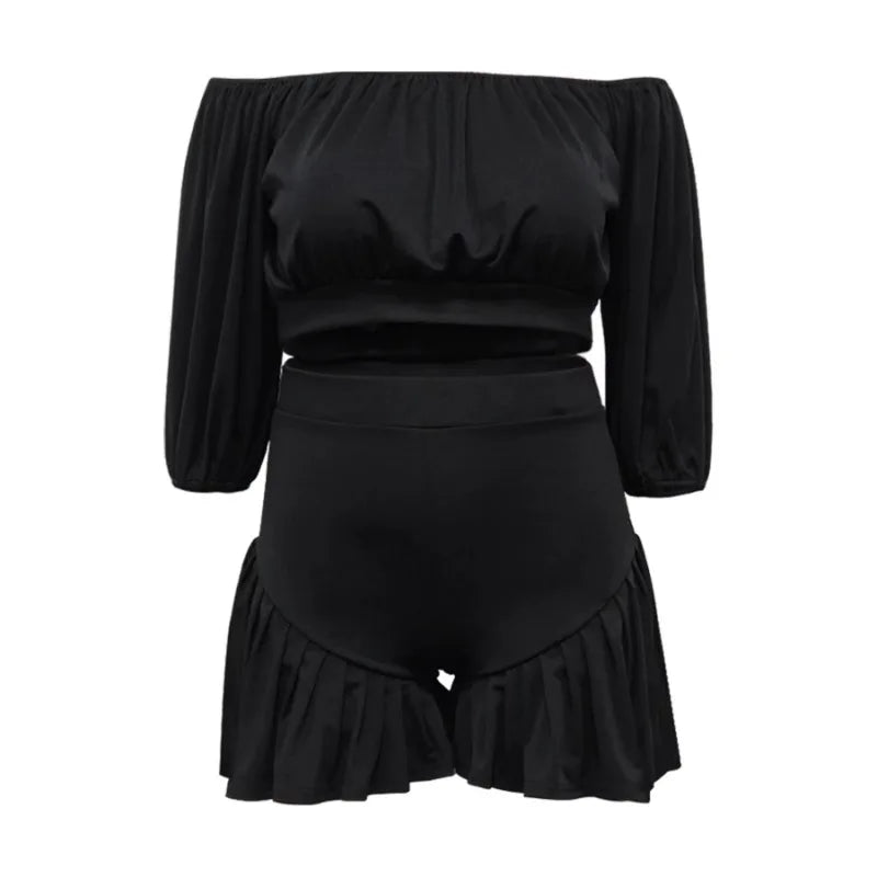 Maxy Customized Plus Size Women's Set Long Sleeve Slash Neck T-Shirt and Shorts 2025 Summer Ruched Two 2 Piece Set Outfits Tracksuit
