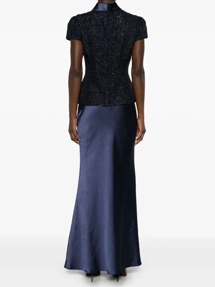 Maxy Classic High Neck Sequined Button Short Sleeve Floor Length Formal Evening Dresses Birthday Party Prom Gowns Customized