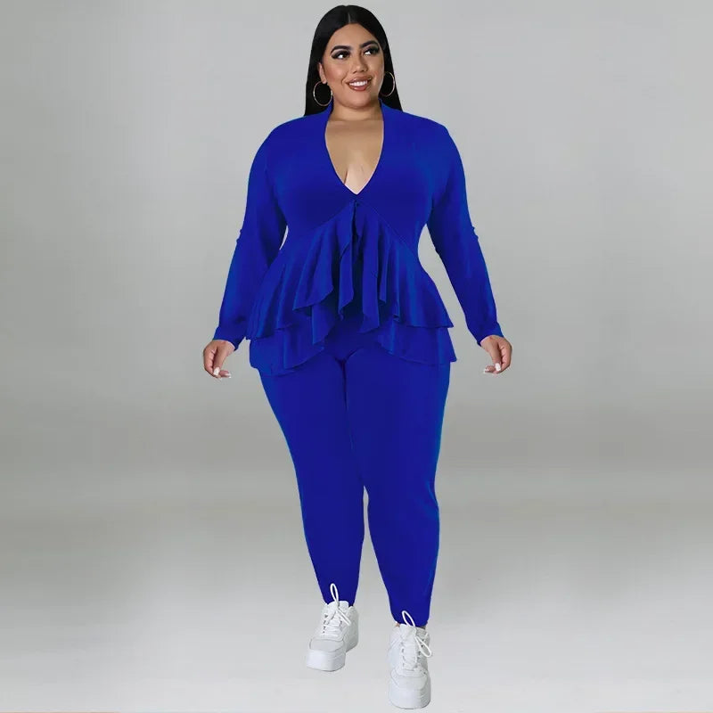 Amay Plus Size Women Set Fashion Ladies Ruffles Hem V-neck T-shirt and Legging Pants Suit Spring Female Two 2 Piece Set Outfit