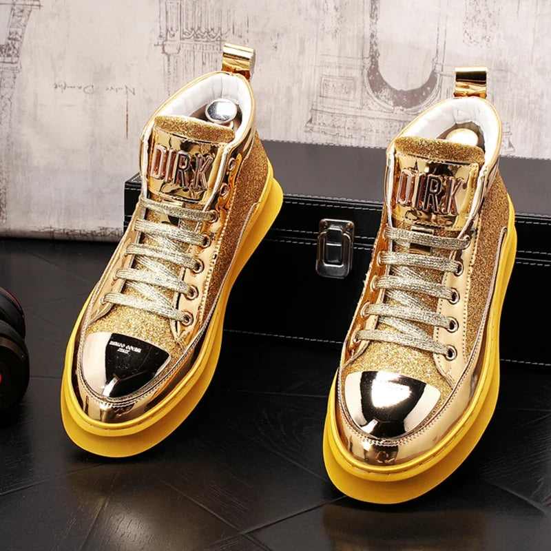 Amay Fashion Y2K boots for men shine leather metal decoration high top boot luxury shoes hairdresser Casual Male sneakers Botines