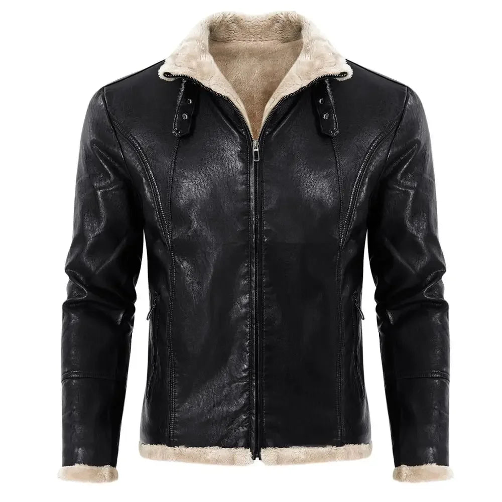 Winter Fleece Men’s Leather Jacket Warm Motorycle Leather Outerwear Mens Casual Turn Down Collar Coats PU Moto Biker Jackets Man