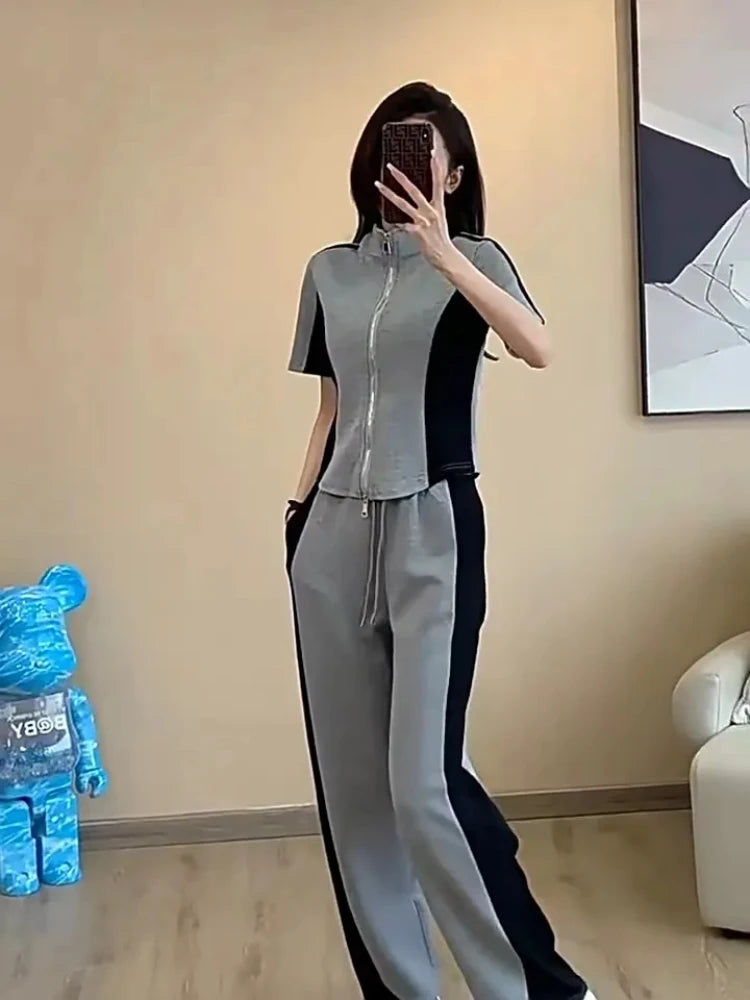 Maxy Summer New Stitched Zipper T-shirt top Female Set Elegant Women's Jeans Casual Blouse Two Piece Set Ladies Tracksuits Suit